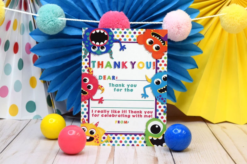 Amanda Creation Cute & Colorful Monsters Thank You Notes for Kids, Ten 4" x 5.5" Fill In The Blank Cards with 10 White Envelopes by AmandaCreation - Image 2